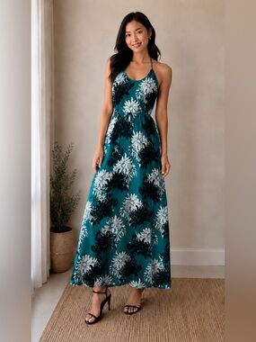 LOFT Teal Floral Print Halter Maxi Dress Petite 8